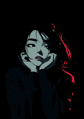 Pensive Woman in Dark Illustration