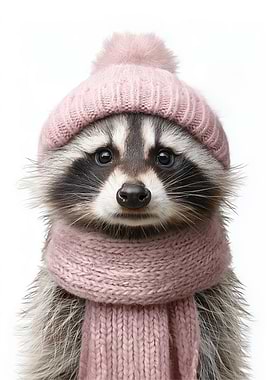 Cozy Raccoon in Pink Hat and Scarf