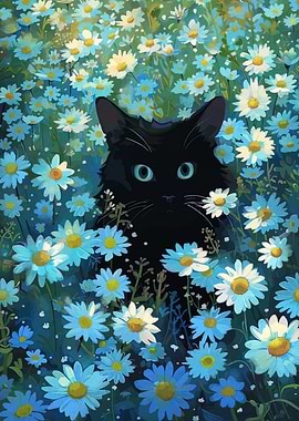 Black Cat in a Daisy Field