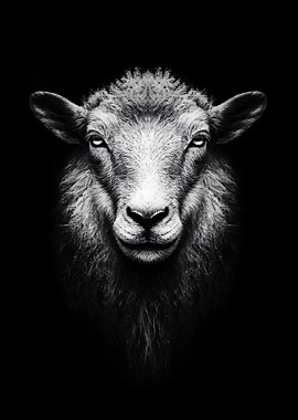 Monochrome Sheep Portrait on Black Background