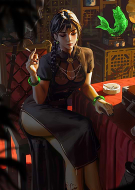 Elegant Woman in Cheongsam Smoking