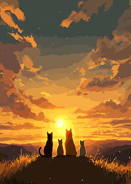 Cats watching sunset landscape painting