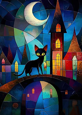 Black Cat on Bridge Under Moon