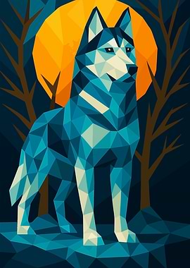 Geometric Wolf Under Moonlit Trees