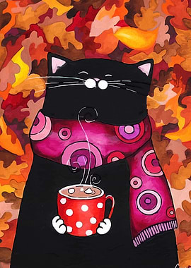 Autumn Cat with Hot Chocolate