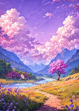 Anime Landscape with Cherry Blossom Tree