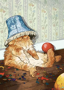 Cat with Lampshade Hat Illustration