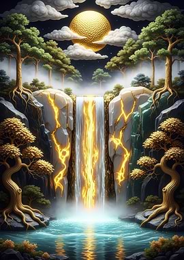 Golden Waterfall Fantasy Landscape