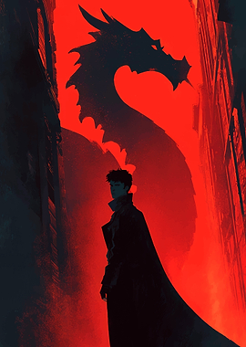 Man, Dragon, and Cityscape Silhouette Art