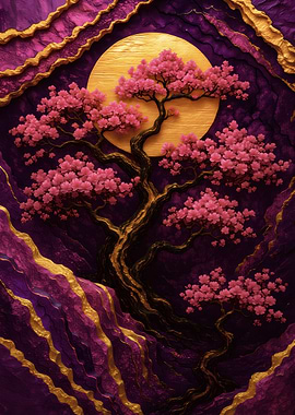 Kintsugi Cherry Blossom Tree with Golden Moon