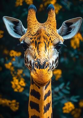 Giraffe Portrait with Floral Background