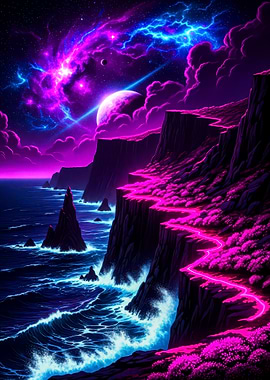 Neon Coastline Under Cosmic Sky