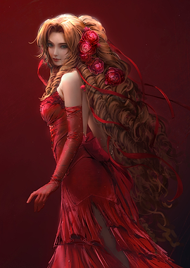 Woman in Red Dress with Roses