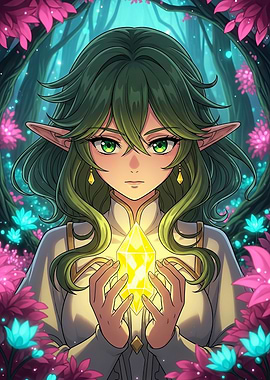 Anime Elf with Crystal in Forest