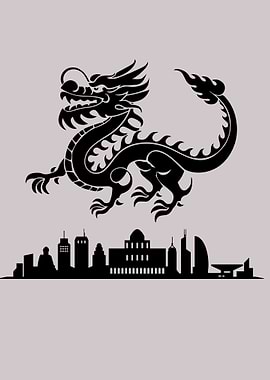 Black Dragon over City Skyline