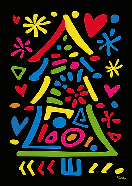 Neon Pop Art Christmas Tree with Playful Doodle Shapes