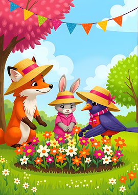 Cartoon Animals in a Flower Garden