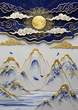 Blue and Gold Mountain Landscape