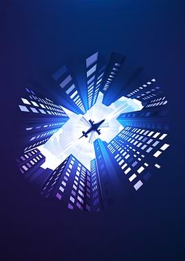 Airplane over City Buildings