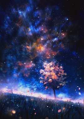 Tree under starry night sky