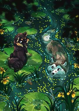 Dogs in a Lily Pad Pond