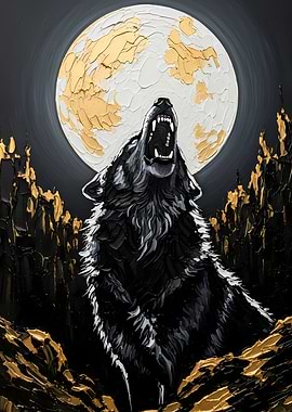 Wolf Howling at the Moon Painting