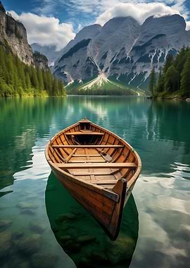 Wooden Boat Mountain Lake