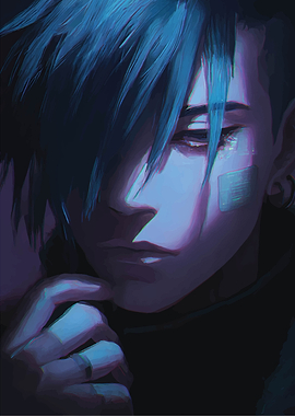 Pensive Blue-Haired Character Portrait