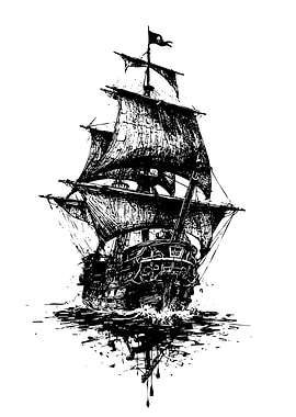 Black and White Pirate Ship Illustration