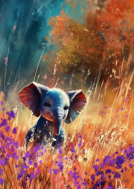 Cute Baby Elephant in a Field