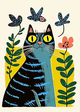 Stylized Cat with Flowers