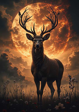 Majestic Deer Under Fiery Moon