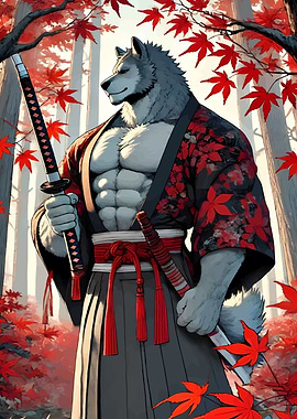 Wolf Samurai in Autumn Forest
