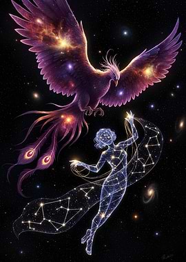 Celestial Phoenix and Constellation Woman Art