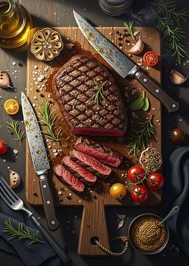 Grilled Steak on Cutting Board Still Life
