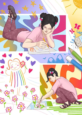 Girl Drawing and Painting Illustration