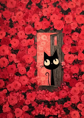 Black Cat in Rose Garden Doorway