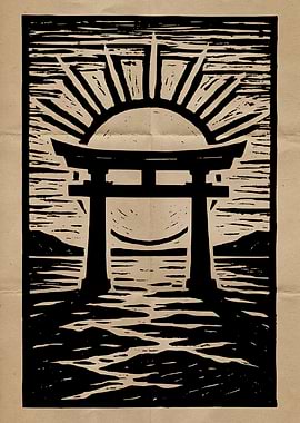 Torii Gate Sunrise Woodcut Print