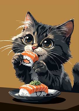 Cat eating sushi digital art