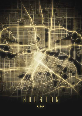 Houston, USA - Glowing Streets City Map, Contemporary Wall Poster