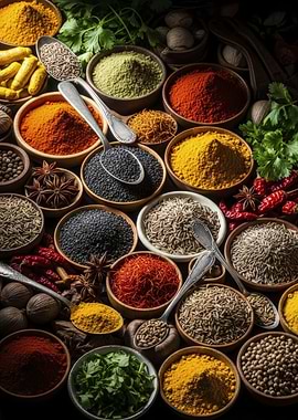 Spices in Bowls Spoons