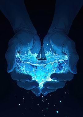 Hands Holding Ocean with Sailboat