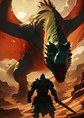 Knight facing giant dragon