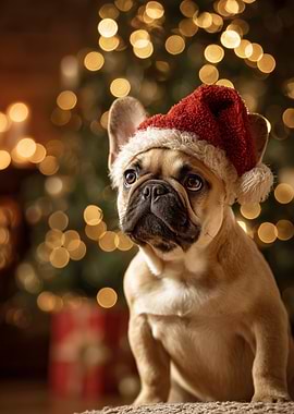 Christmas Bulldog with Santa Hat