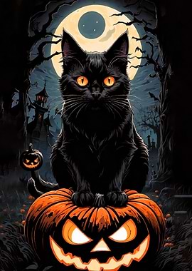 Halloween Black Cat on Pumpkin