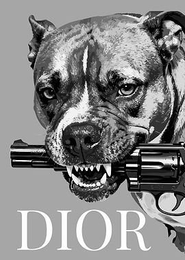 Dog with Gun and Dior Text