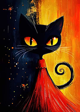 Stylized Black Cat with Red Dress