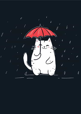 Cute Cat with Umbrella in Rain