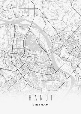 Hanoi, Vietnam - Minimalist Black and White City Map Poster, Modern Wall Art