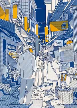 Busy Asian Street Scene Illustration